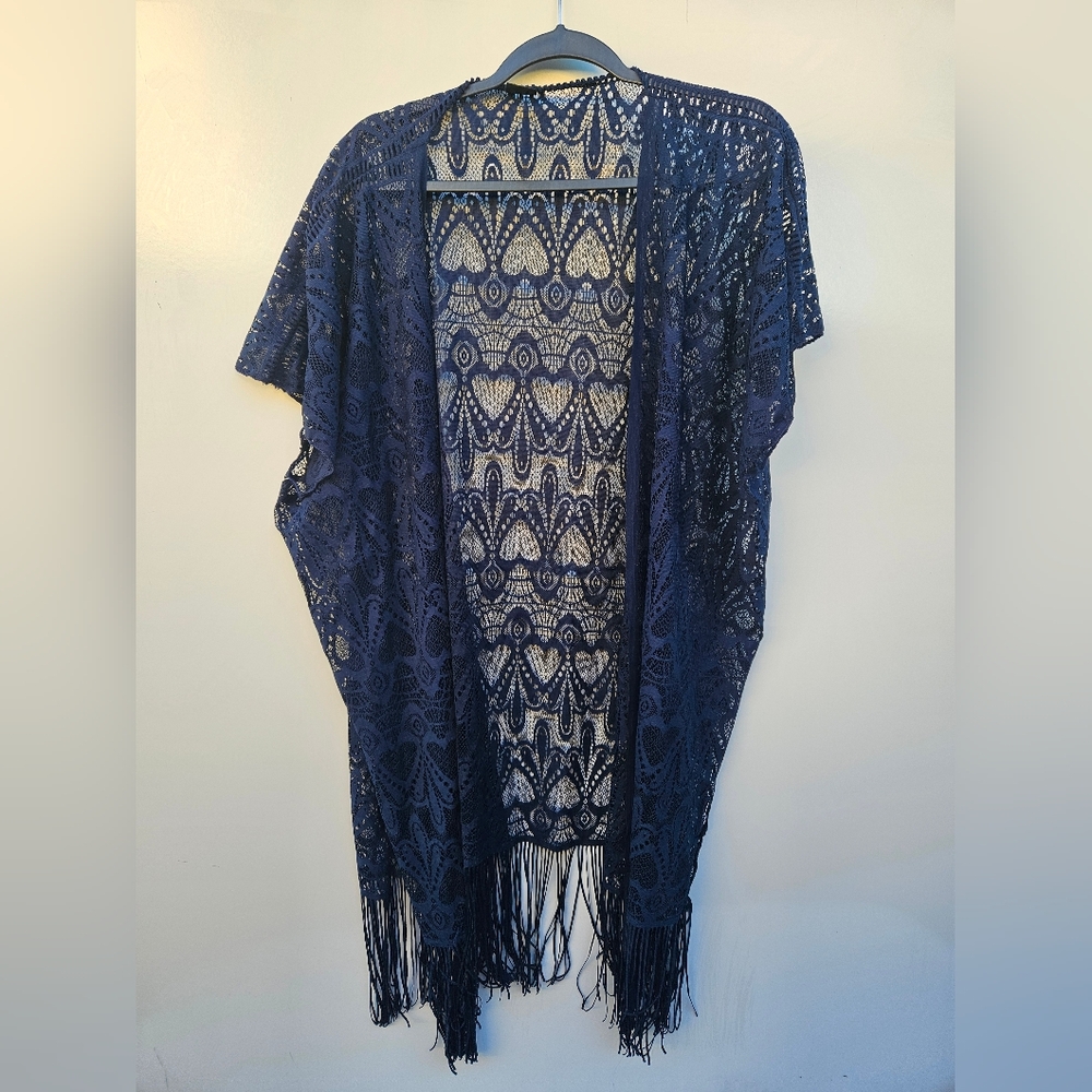 Navy Blue Lace Kimono with Fringe